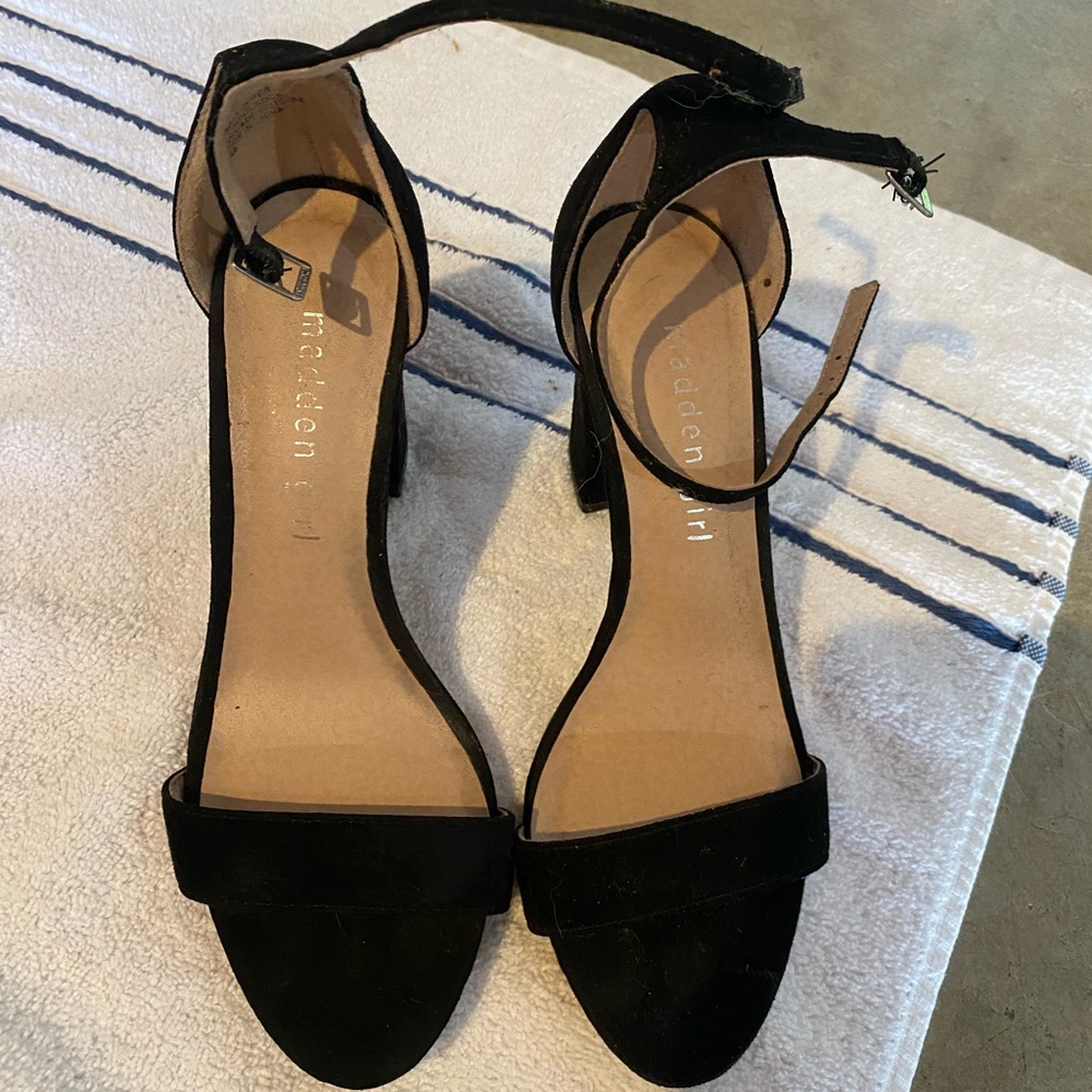 Madden Girl Black Suede Ankle-Strap Block Heels